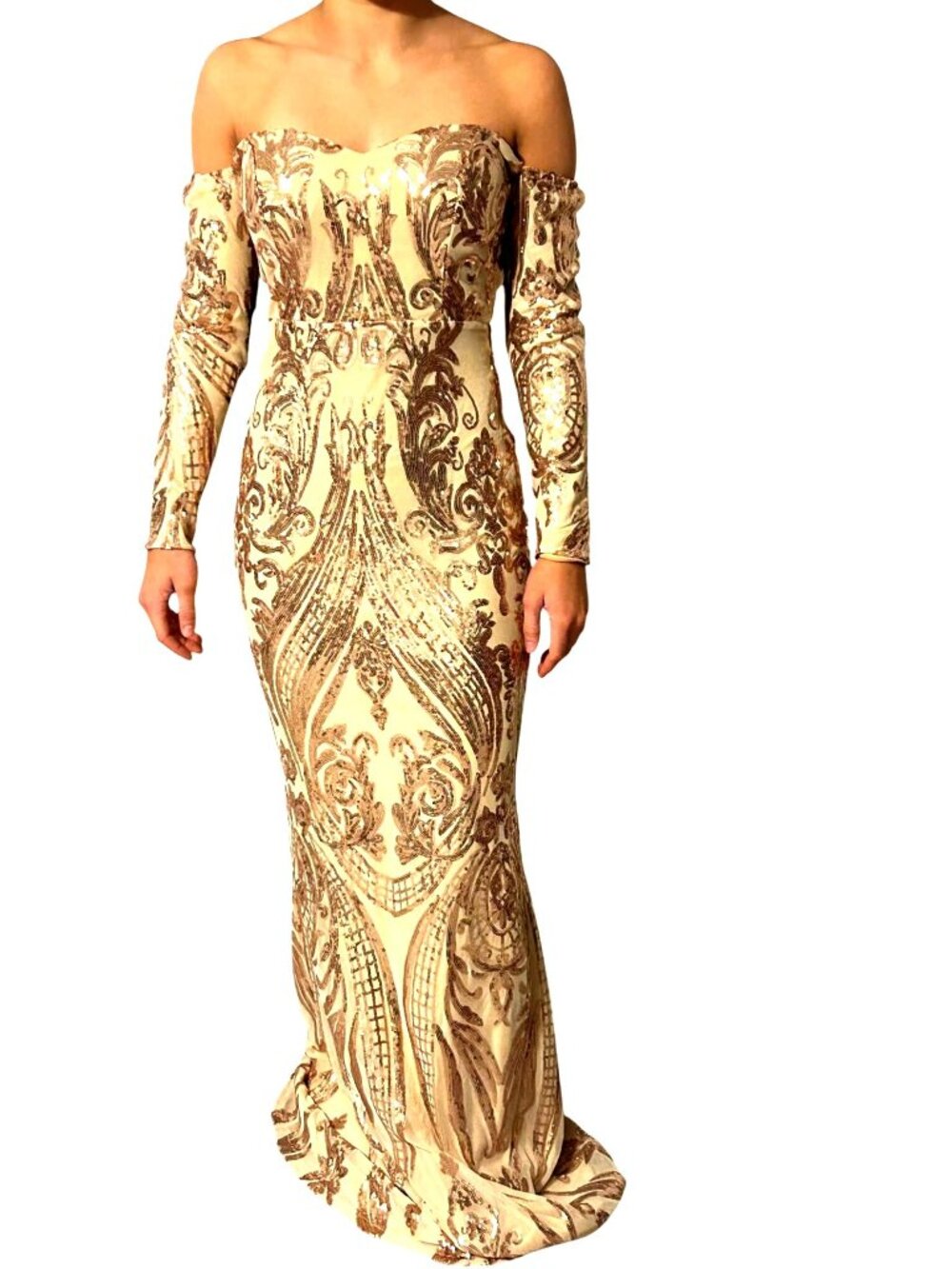 Miss Ord Gold Sequin Formal Gown Off-Shoulder Long Sleeves & Train Bodycon Small